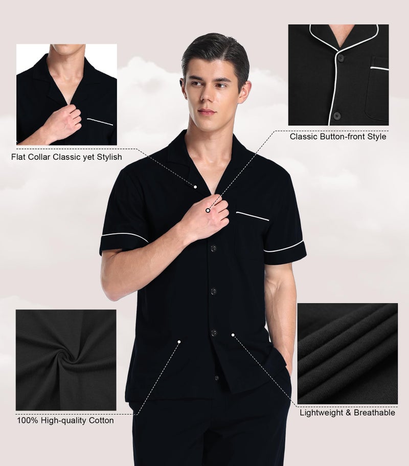 COLORFULLEAF Men's 100% Cotton Pajamas Set Button Down Sleepwear Short Sleeve and Long Pants Pjs (Black,XL) - Image 2
